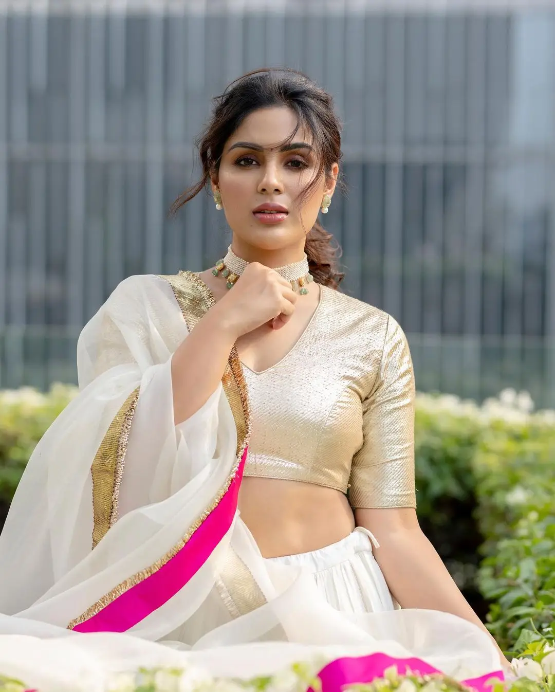 Samyuktha Menon Wearing Beautiful Jewellery White Lehenga Choli